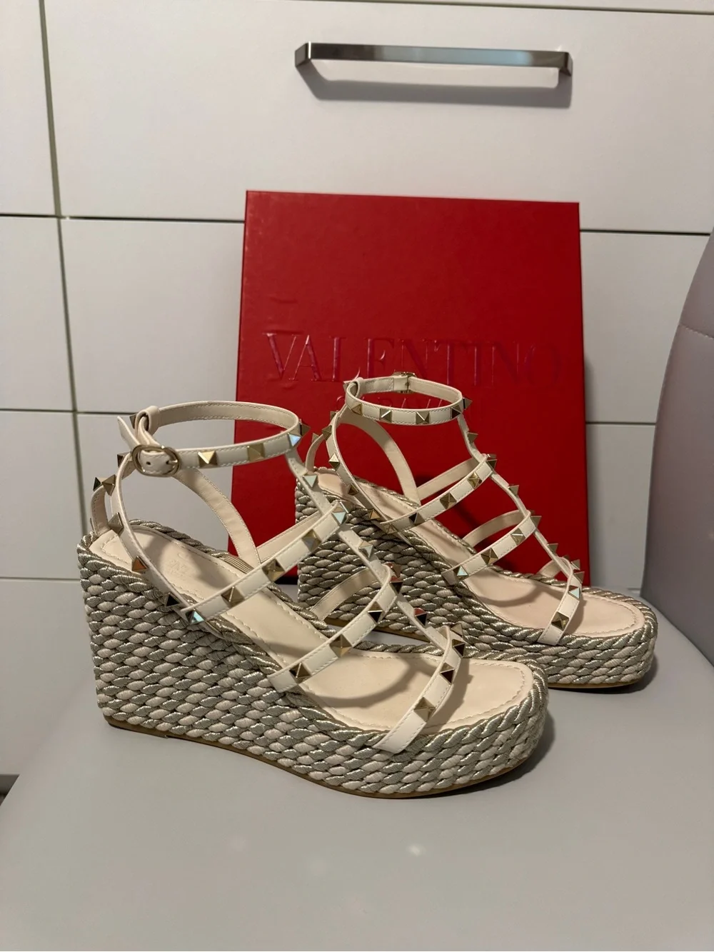 Valentino Ivory Rockstud Woven Espadrille Wedge Sandals